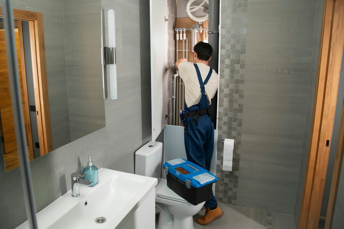 Lampista reparando la fontanería de un baño